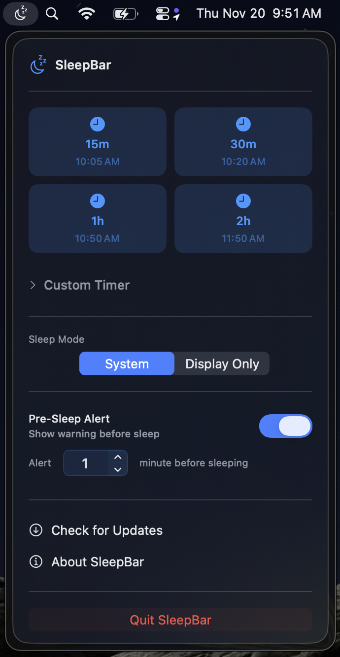 SleepBar macOS menu bar app interface showing sleep timer options with quick presets, custom duration, and scheduled sleep time controls
